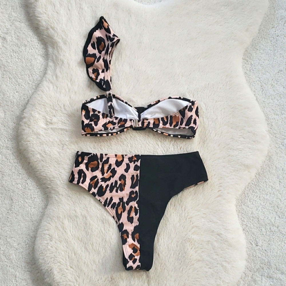 Leopard Ruffle Strap Bandeau High Waist Bikini Set - Picture 9 of 11